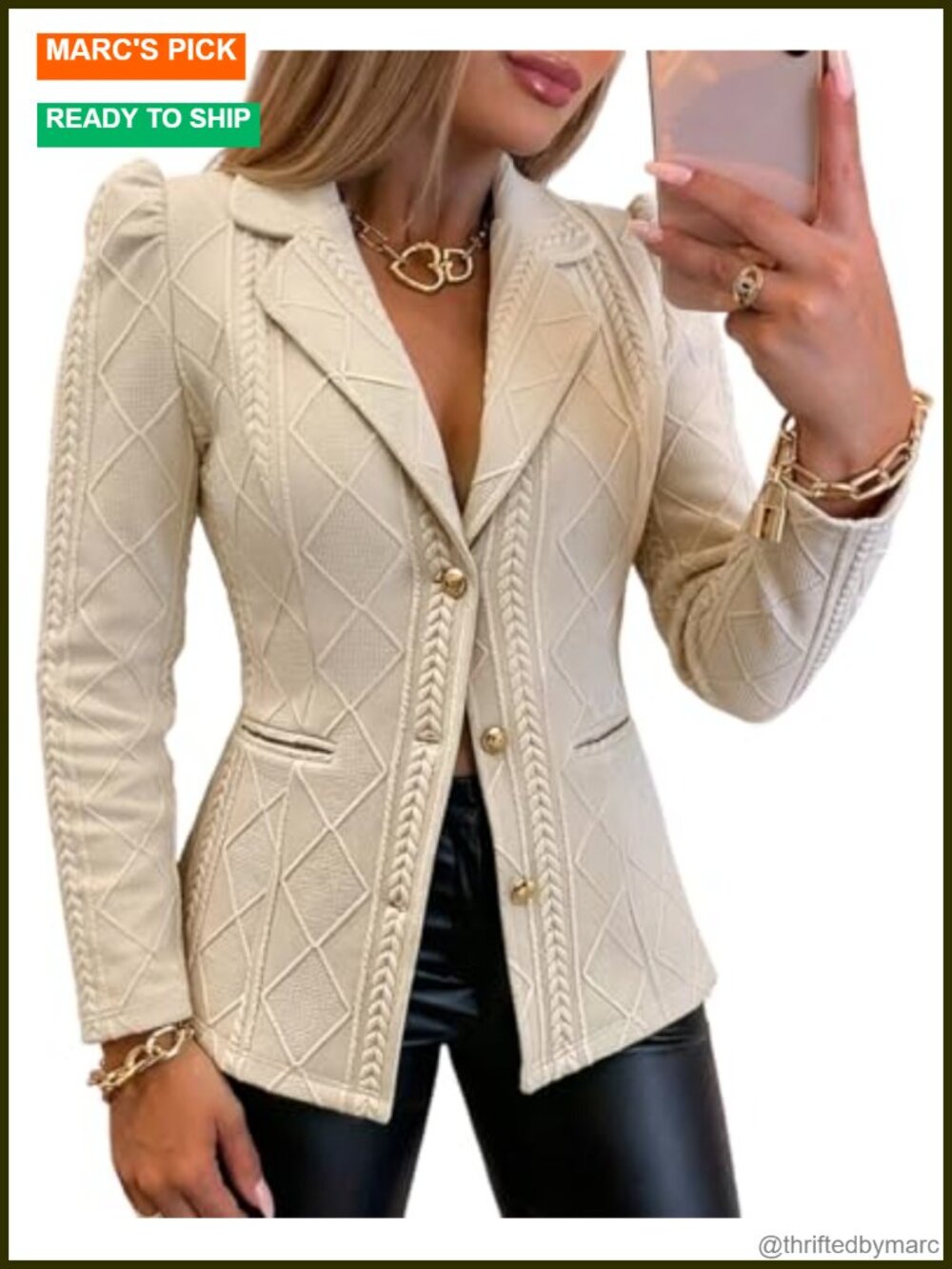 Argyle Knit Blazer Jacket Women Business Casual Notched Lapel Puff Sleeve